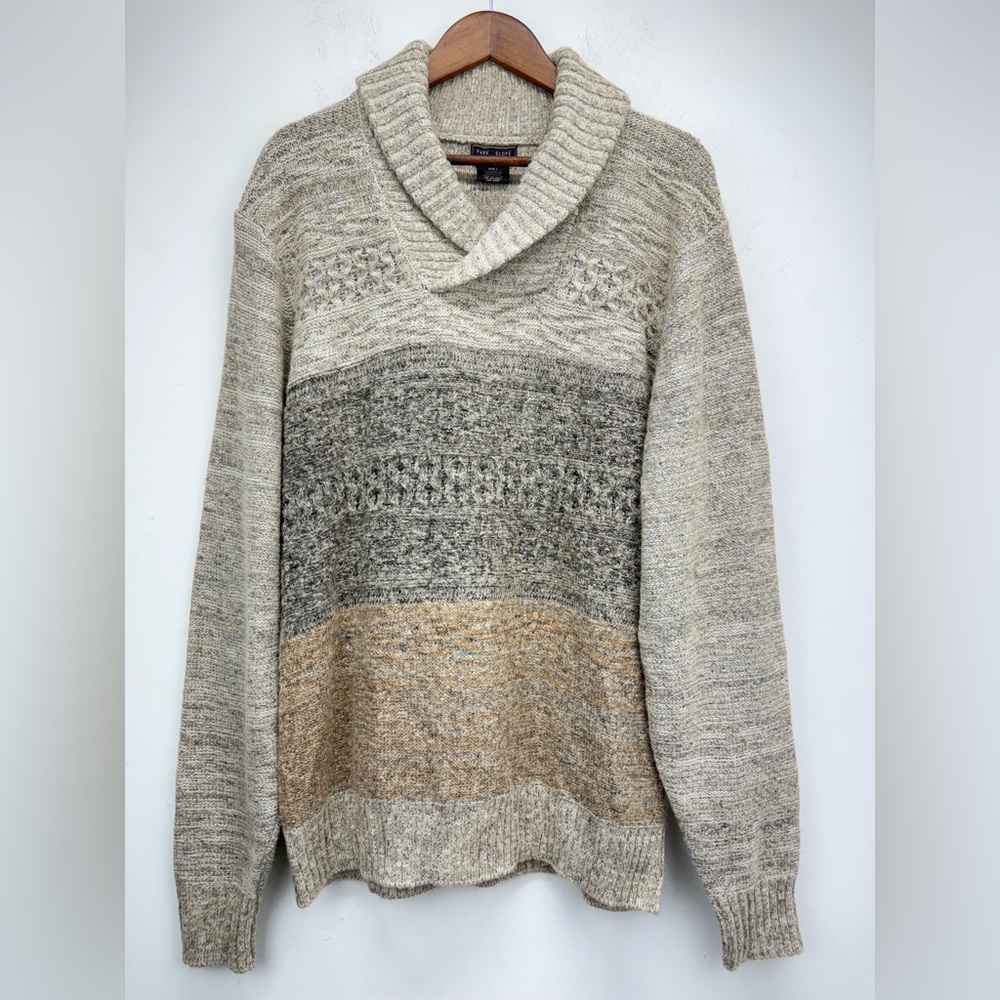 Park Slope size Large Men’s Tan Gray Striped Shawl Collar Pullover Sweater